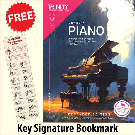 front cover of Trinity College London Piano Grade 7 from 2023 EXTENDED EDITION together with free Piano Clef bookmark