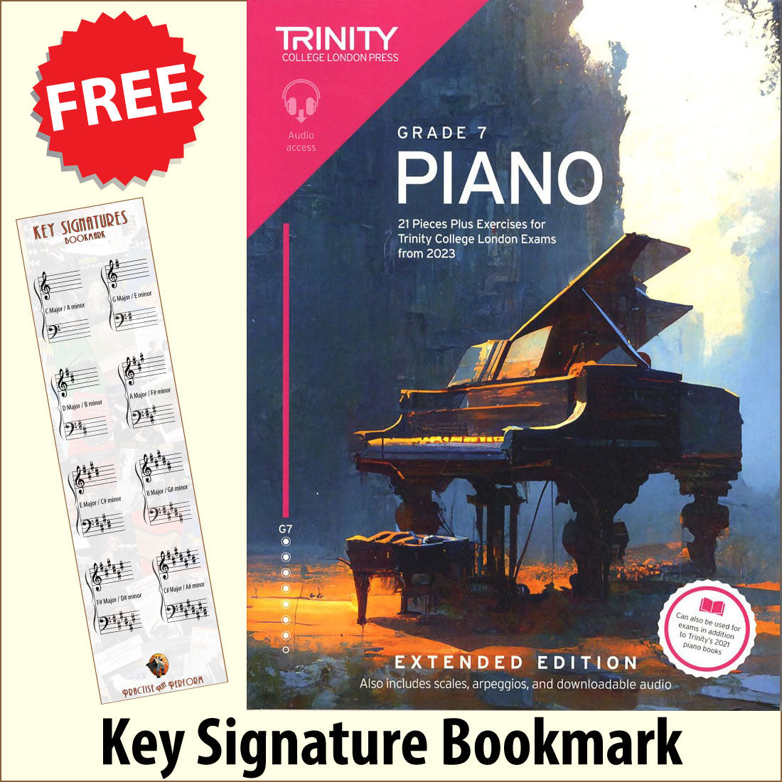 front cover of Trinity College London Piano Grade 7 from 2023 EXTENDED EDITION together with free Piano Clef bookmark