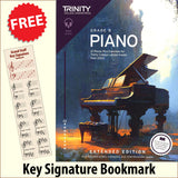 front cover of Trinity College London Piano Grade 8 from 2023 EXTENDED EDITION together with free Piano Clef bookmark