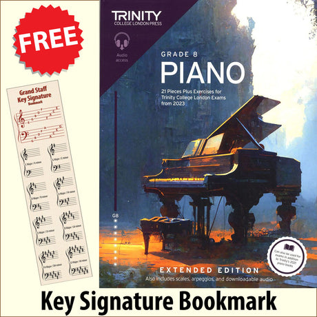 front cover of Trinity College London Piano Grade 8 from 2023 EXTENDED EDITION together with free Piano Clef bookmark