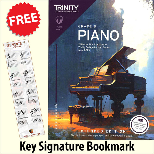 front cover of Trinity College London Piano Grade 8 from 2023 EXTENDED EDITION together with free Piano Clef bookmark