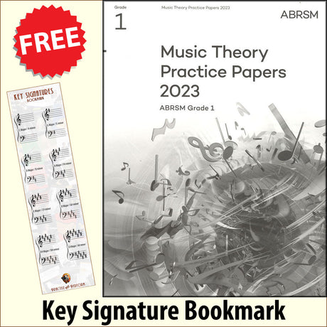 front cover of ABRSM Music Theory Practice Papers 2023 Grade 1 together with free Grand Staff bookmark