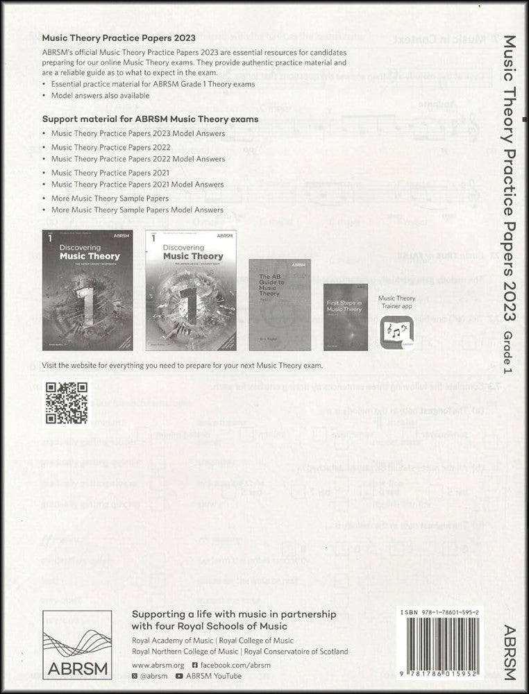 back cover of ABRSM Music Theory Practice Papers 2023 Grade 1