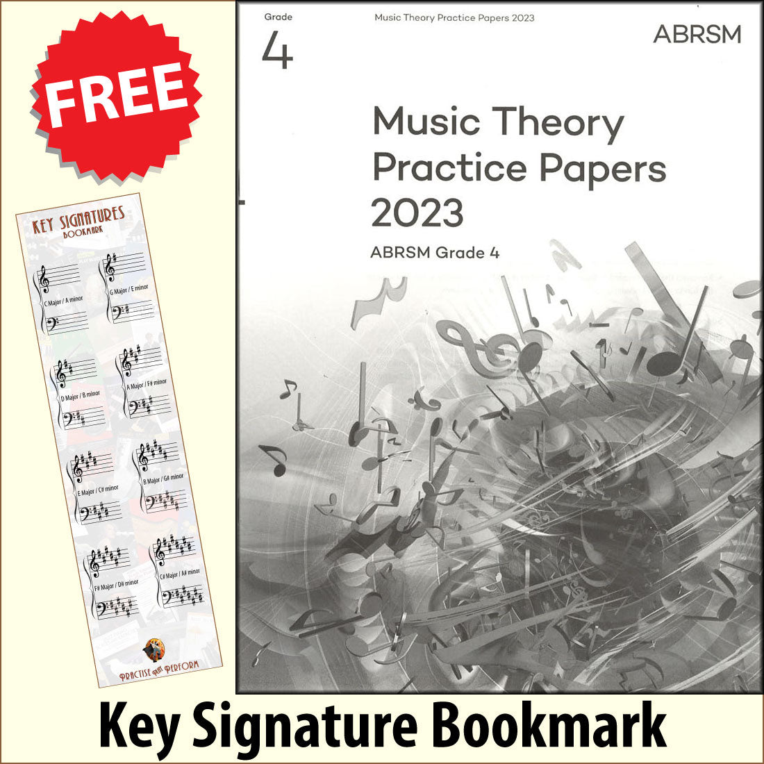 front cover of ABRSM Music Theory Practice Papers 2023 Grade 4 together with free Grand Staff bookmark