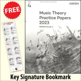 front cover of ABRSM Music Theory Practice Papers 2023 Grade 4 together with free Grand Staff bookmark