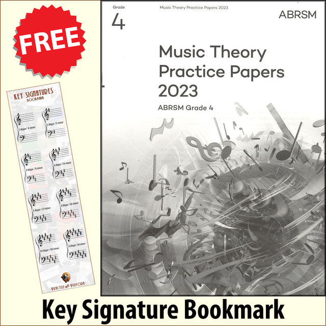 front cover of ABRSM Music Theory Practice Papers 2023 Grade 4 together with free Grand Staff bookmark