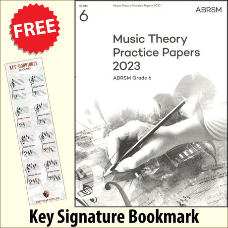 front cover of ABRSM Music Theory Practice Papers 2023 Grade 6 together with free Grand Staff bookmark