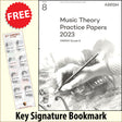 front cover of ABRSM Music Theory Practice Papers 2023 Grade 8 together with free Grand Staff bookmark