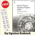 front cover of ABRSM Music Theory Practice Papers 2023 Grade 1 MODEL ANSWERS together with free Grand Staff bookmark