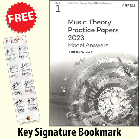 front cover of ABRSM Music Theory Practice Papers 2023 Grade 1 MODEL ANSWERS together with free Grand Staff bookmark