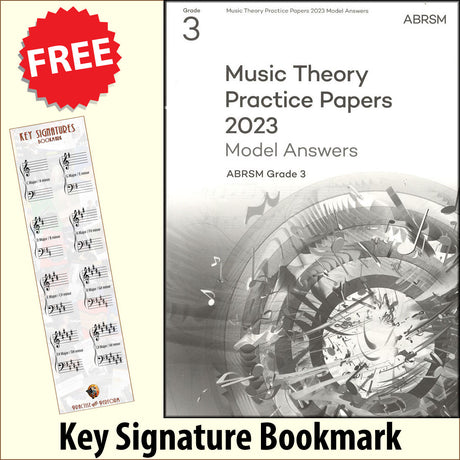 front cover of ABRSM Music Theory Practice Papers 2023 Grade 3 MODEL ANSWERS together with free Grand Staff bookmark