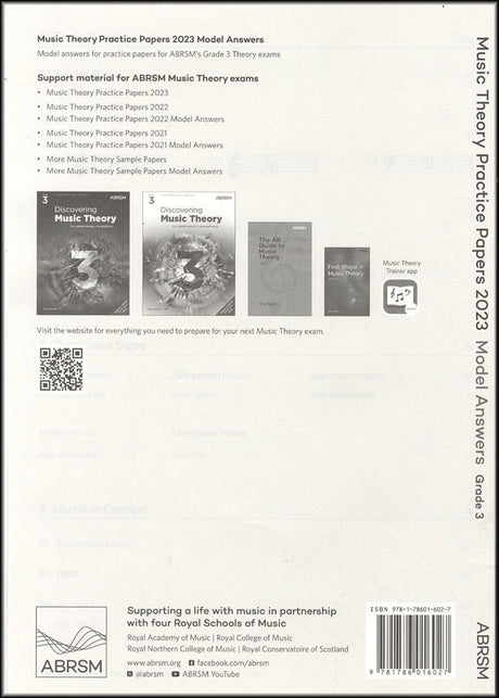 back cover of ABRSM Music Theory Practice Papers 2023 Grade 3 MODEL ANSWERS