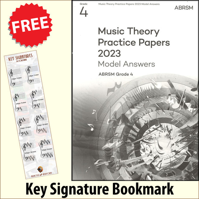 front cover of ABRSM Music Theory Practice Papers 2023 Grade 4 MODEL ANSWERS together with free Grand Staff bookmark