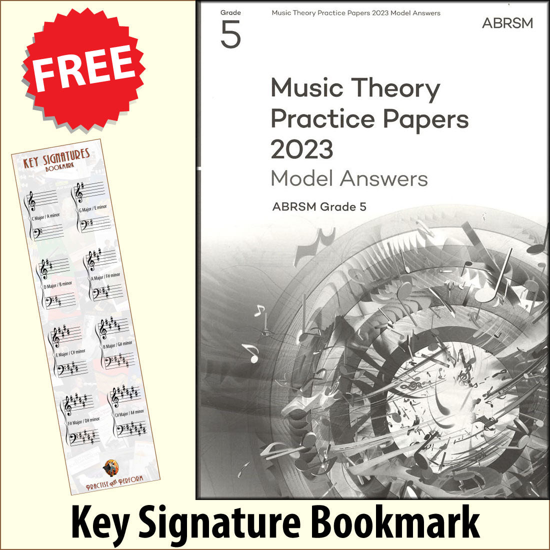 front cover of ABRSM Music Theory Practice Papers 2023 Grade 5 MODEL ANSWERS together with free Grand Staff bookmark