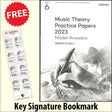 front cover of ABRSM Music Theory Practice Papers 2023 Grade 6 MODEL ANSWERS together with free Grand Staff bookmark