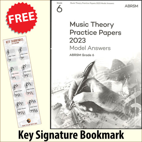 front cover of ABRSM Music Theory Practice Papers 2023 Grade 6 MODEL ANSWERS together with free Grand Staff bookmark