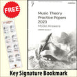 front cover of ABRSM Music Theory Practice Papers 2023 Grade 7 MODEL ANSWERS together with free Grand Staff bookmark