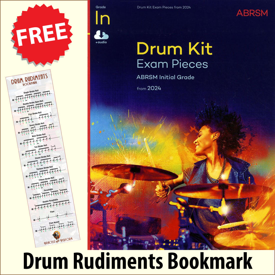 front cover of ABRSM Drum Kit Exam Pieces Initial Grade from 2024 together with free Drum Rudiments bookmark