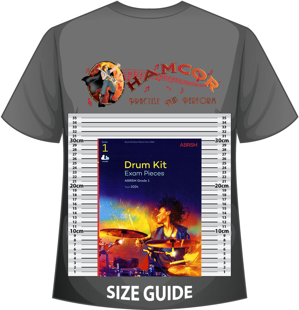 front cover of ABRSM Drum Kit Exam Pieces Grade 1 from 2024 on a size guide