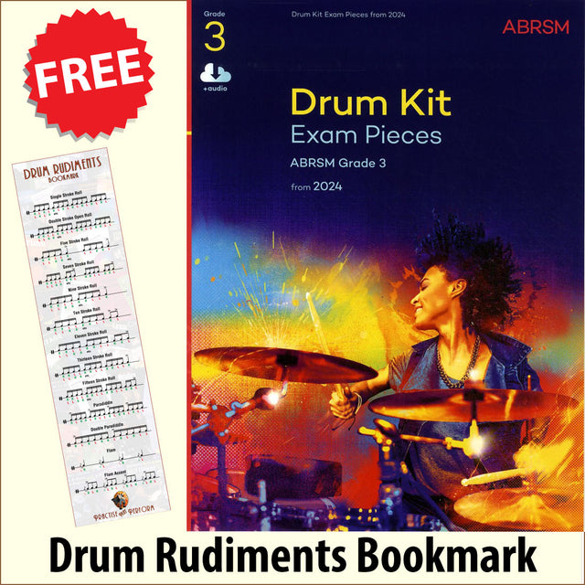 front cover of ABRSM Drum Kit Exam Pieces Grade 3 from 2024 together with free Drum Rudiments bookmark