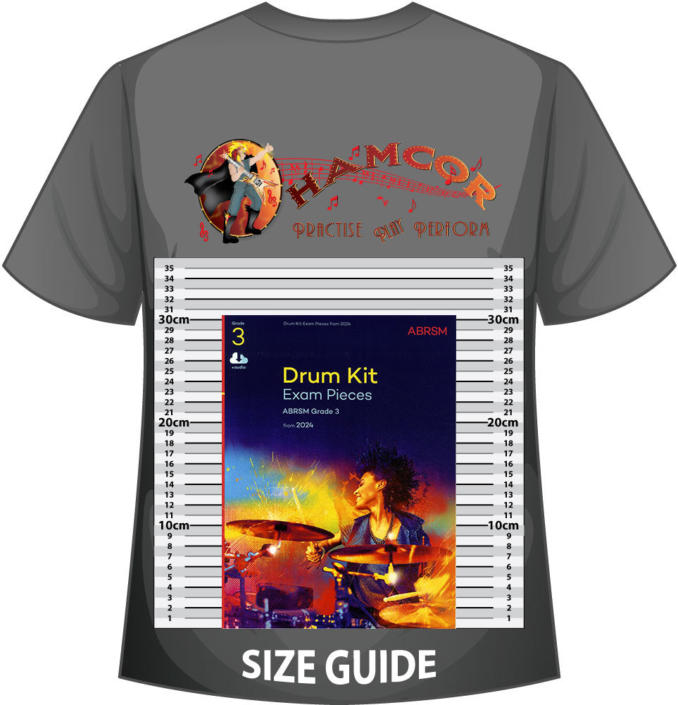 front cover of ABRSM Drum Kit Exam Pieces Grade 3 from 2024 on a size guide