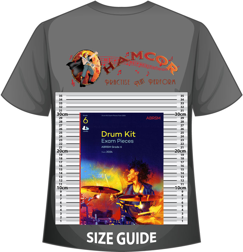 front cover of ABRSM Drum Kit Exam Pieces Grade 6 from 2024 on a size guide