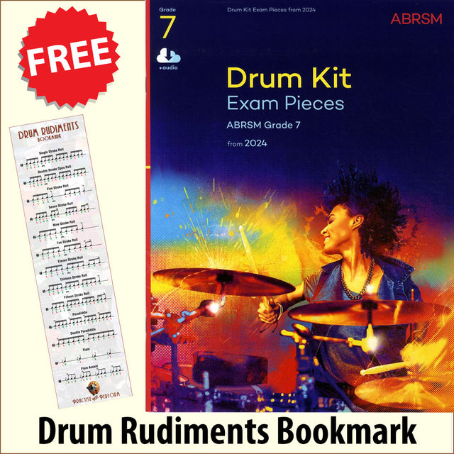 front cover of ABRSM Drum Kit Exam Pieces Grade 7 from 2024 together with free Drum Rudiments bookmark