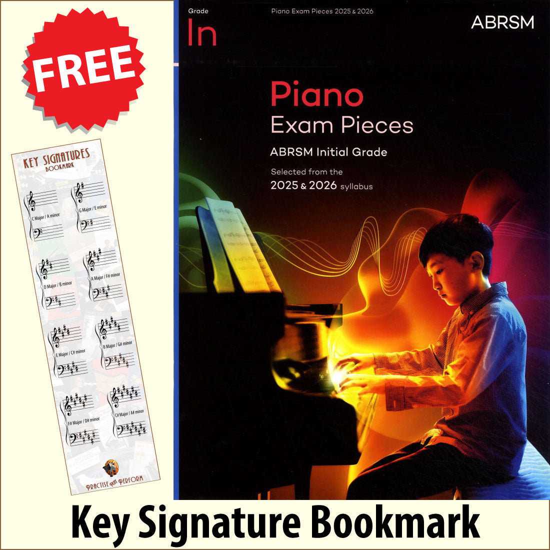 front cover of ABRSM Piano Exam Pieces Initial Grade 2025-2026 together with free piano clef bookmark