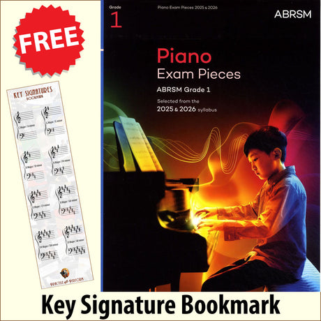 front cover of ABRSM Piano Exam Pieces Grade 1 2025-2026 together with free piano clef bookmark