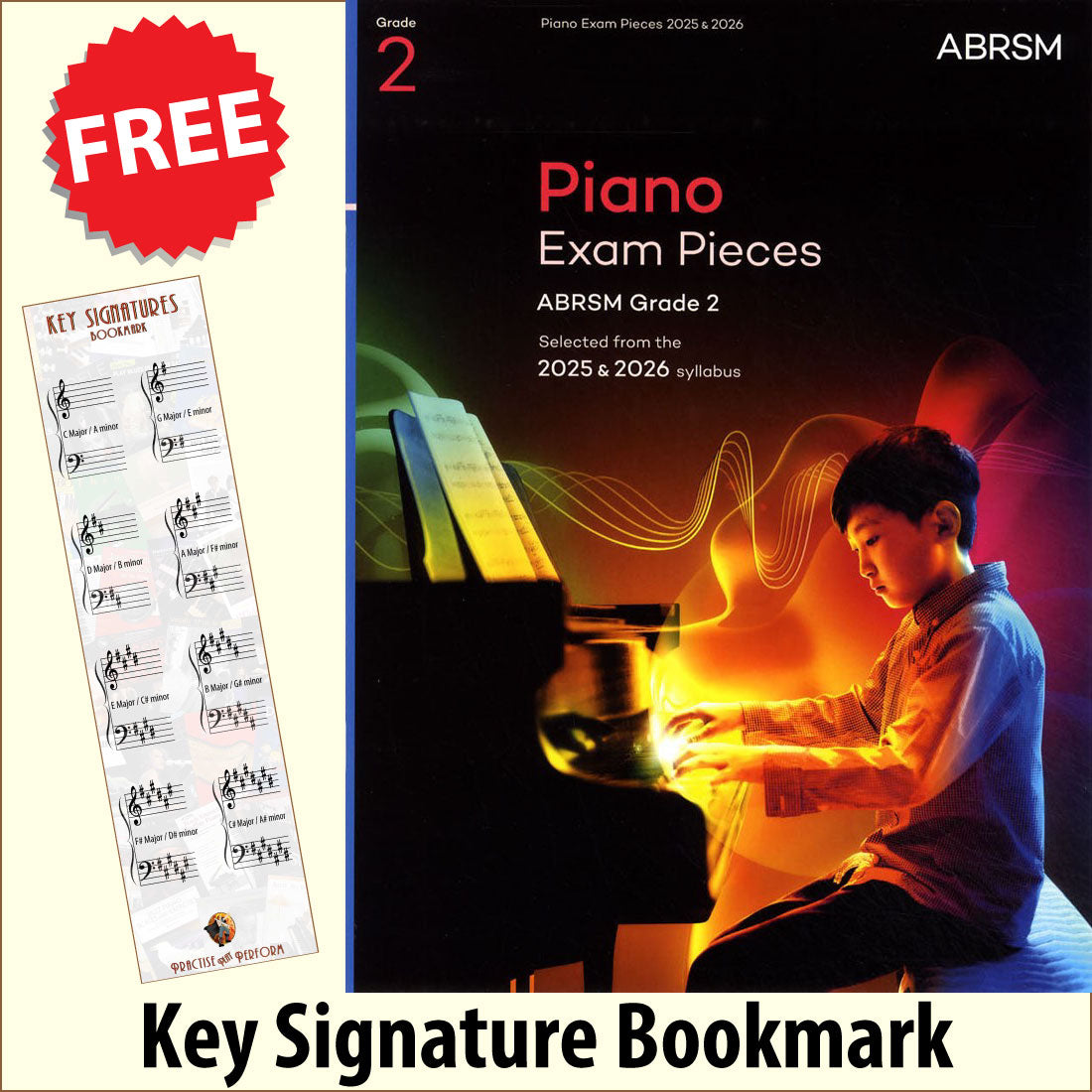 front cover of ABRSM Piano Exam Pieces Grade 2 2025-2026 together with free piano clef bookmark