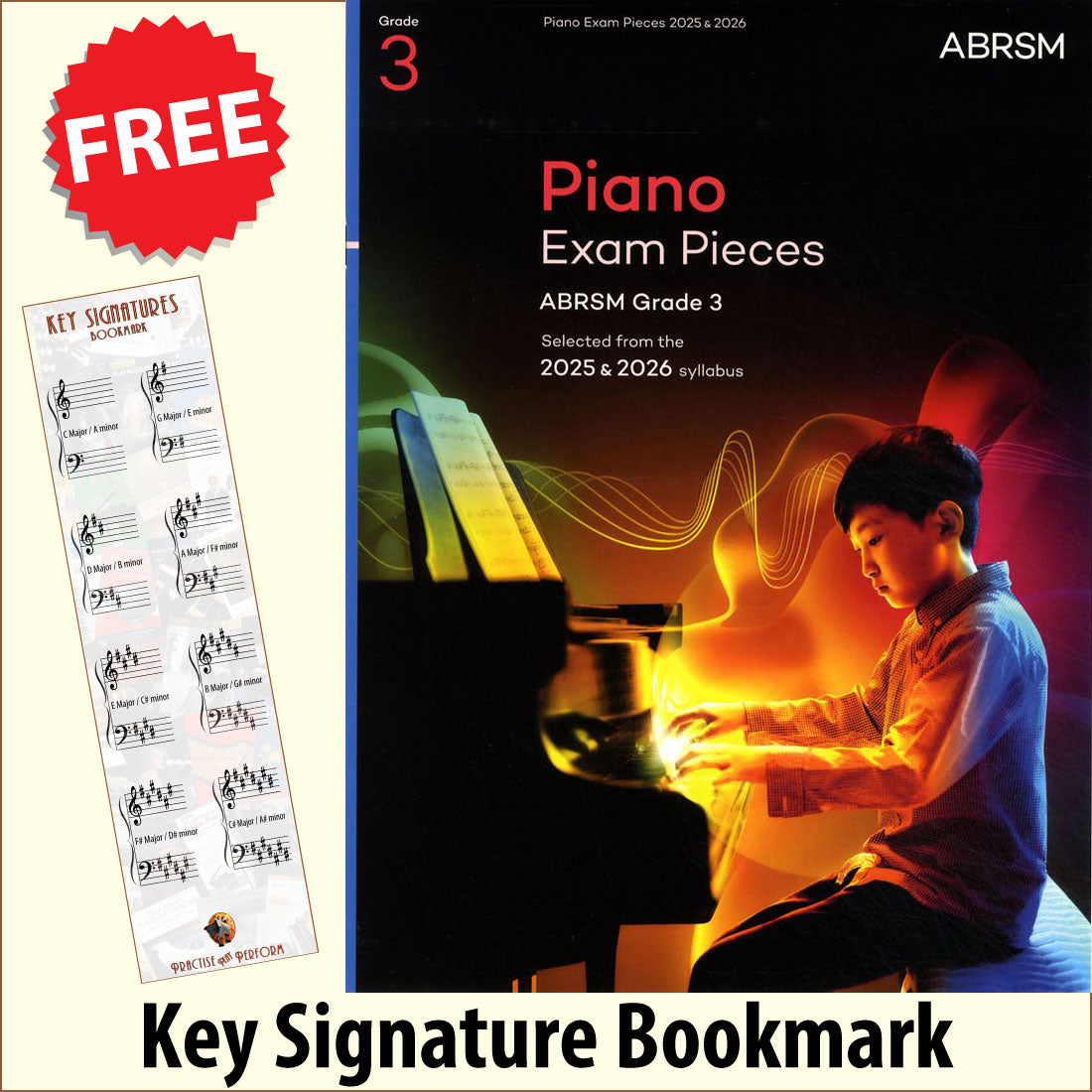 front cover of ABRSM Piano Exam Pieces Grade 3 2025-2026 together with free piano clef bookmark