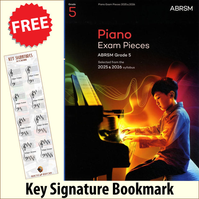 front cover of ABRSM Piano Exam Pieces Grade 5 2025-2026 together with free piano clef bookmark