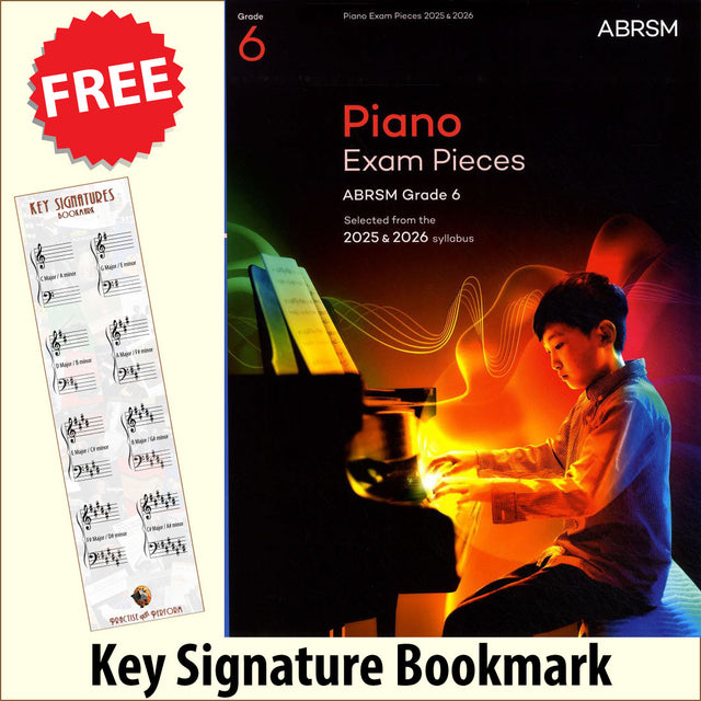 front cover of ABRSM Piano Exam Pieces Grade 6 2025-2026 together with free piano clef bookmark