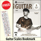 front cover of Rockschool Guitar Debut from 2024 together with free Guitar Scales bookmark