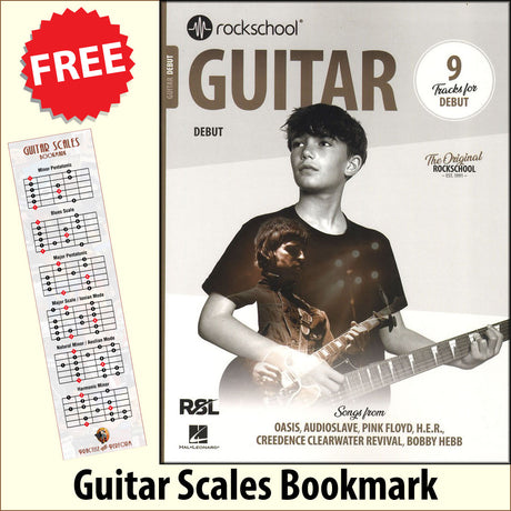 front cover of Rockschool Guitar Debut from 2024 together with free Guitar Scales bookmark