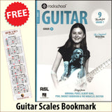 front cover of Rockschool Guitar Grade 1 from 2024 together with free Guitar Scales bookmark