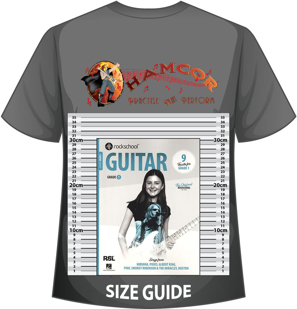 front cover of Rockschool Guitar Grade 1 from 2024 on a size guide