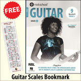 front cover of Rockschool Guitar Grade 2 from 2024 together with free Guitar Scales bookmark