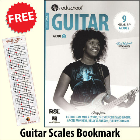 front cover of Rockschool Guitar Grade 2 from 2024 together with free Guitar Scales bookmark