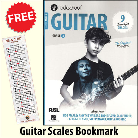 front cover of Rockschool Guitar Grade 3 from 2024 together with free Guitar Scales bookmark