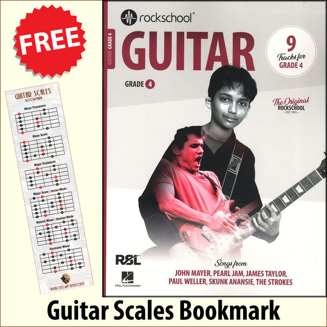 front cover of Rockschool Guitar Grade 4 from 2024 together with free Guitar Scales bookmark