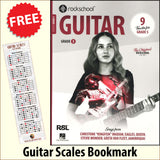 front cover of Rockschool Guitar Grade 5 from 2024 together with free Guitar Scales bookmark