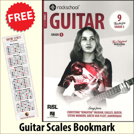 front cover of Rockschool Guitar Grade 5 from 2024 together with free Guitar Scales bookmark