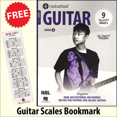 front cover of Rockschool Guitar Grade 6 from 2024 together with free Guitar Scales bookmark