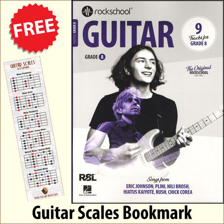 front cover of Rockschool Guitar Grade 8 from 2024 together with free Guitar Scales bookmark