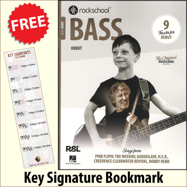 front cover of Rockschool Bass Debut from 2024 together with free Bass Glef bookmark