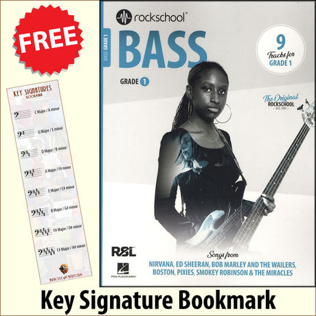 front cover of Rockschool Bass Grade 1 from 2024 together with free Bass Glef bookmark