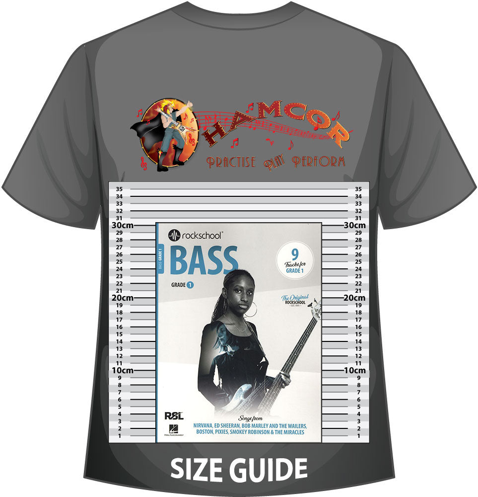 front cover of Rockschool Bass Grade 1 from 2024 on a size guide