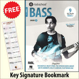 front cover of Rockschool Bass Grade 2 from 2024 together with free Bass Glef bookmark