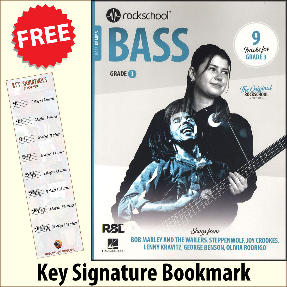 front cover of Rockschool Bass Grade 3 from 2024 together with free Bass Glef bookmark